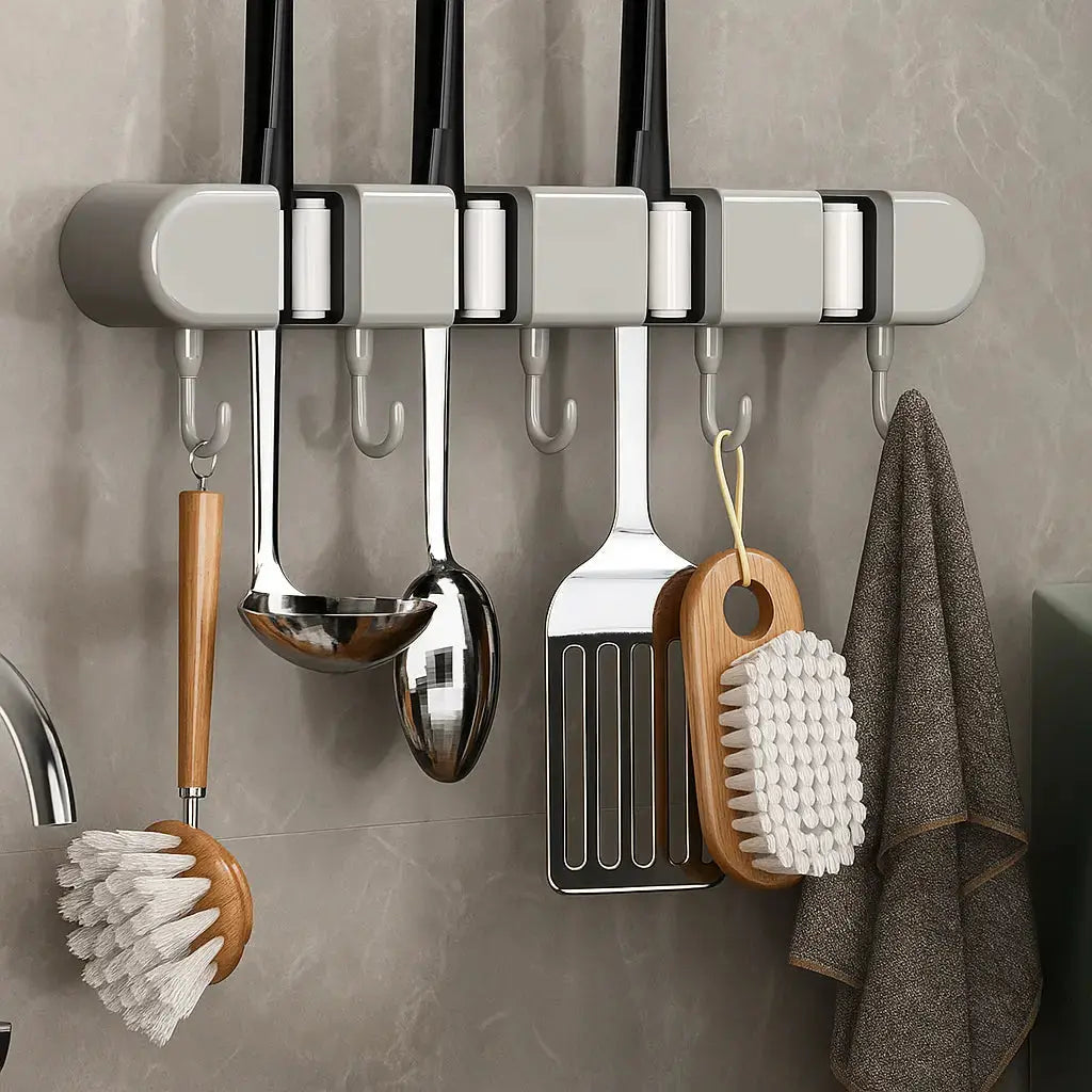 Multifunctional Mop Holder with Hook – Self-Adhesive & Sturdy