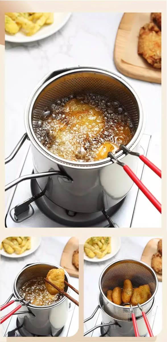 Stainless steel deep fryer with anti-scald handle & oil-saving design