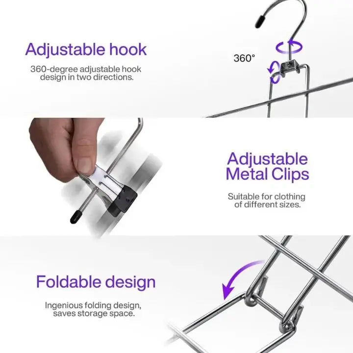 Foldable Metal Clothes Hanger with 12 Non-Slip Clips for 6 Garments