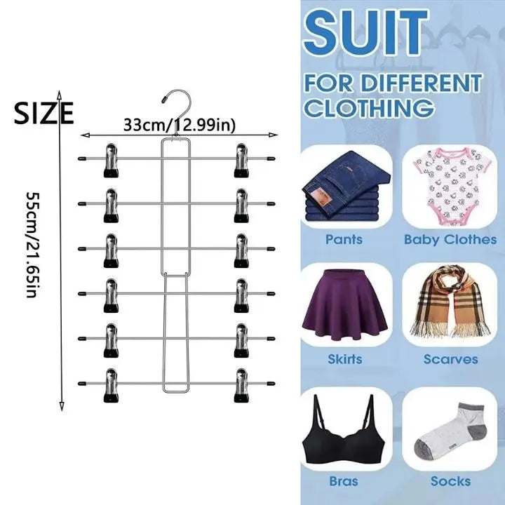 Foldable Metal Clothes Hanger with 12 Non-Slip Clips for 6 Garments
