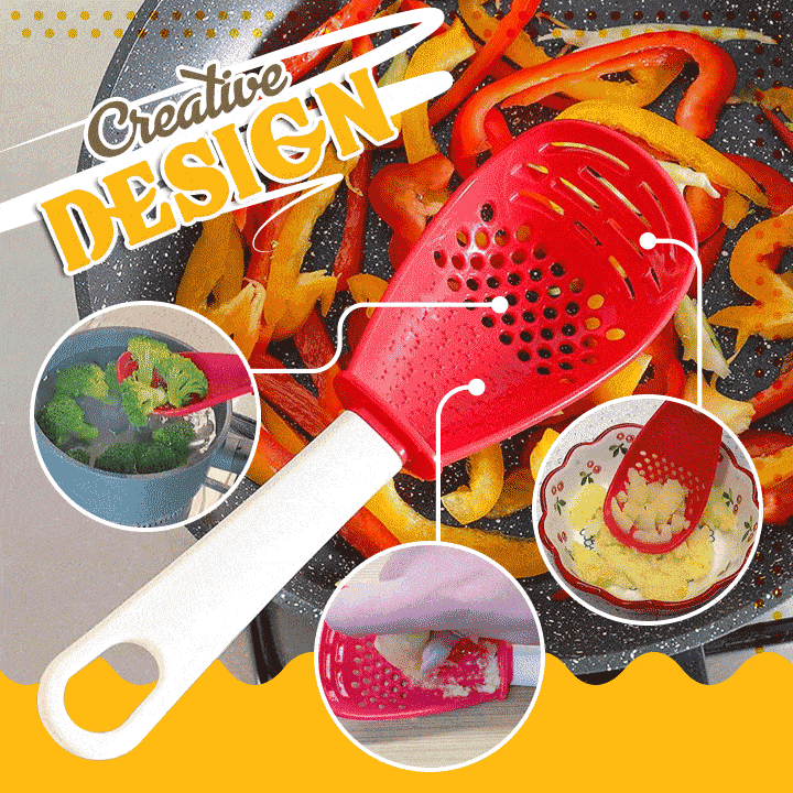 Multifunctional kitchen spoon for mashing and straining