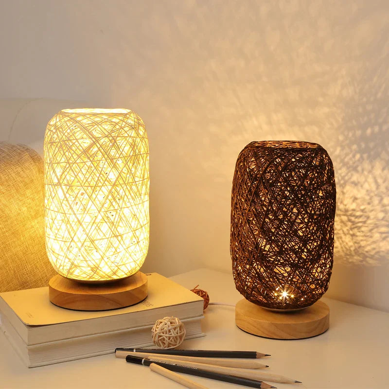 Nightstand Lamp Rattan Brown
