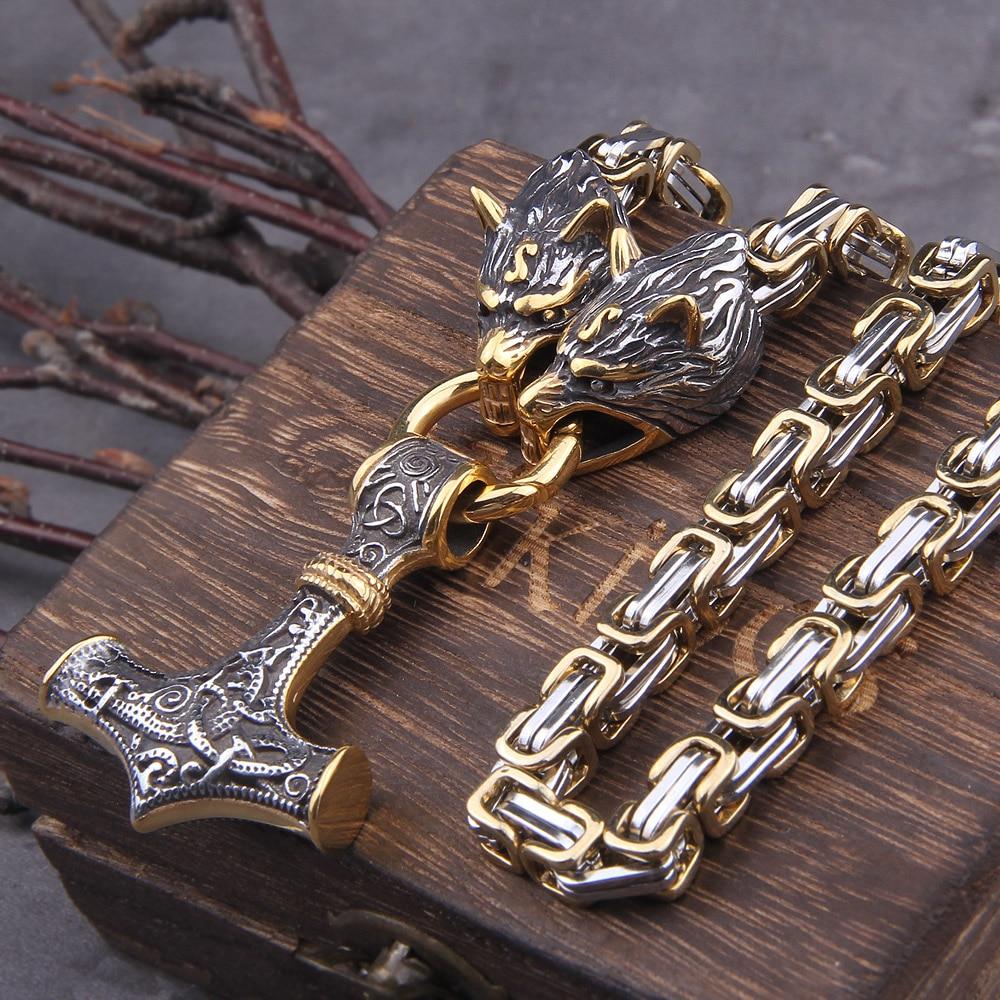 60–90 cm Stainless Steel Double Wolf Head & Mjolnir Survival Spirit Necklace/Bracelet