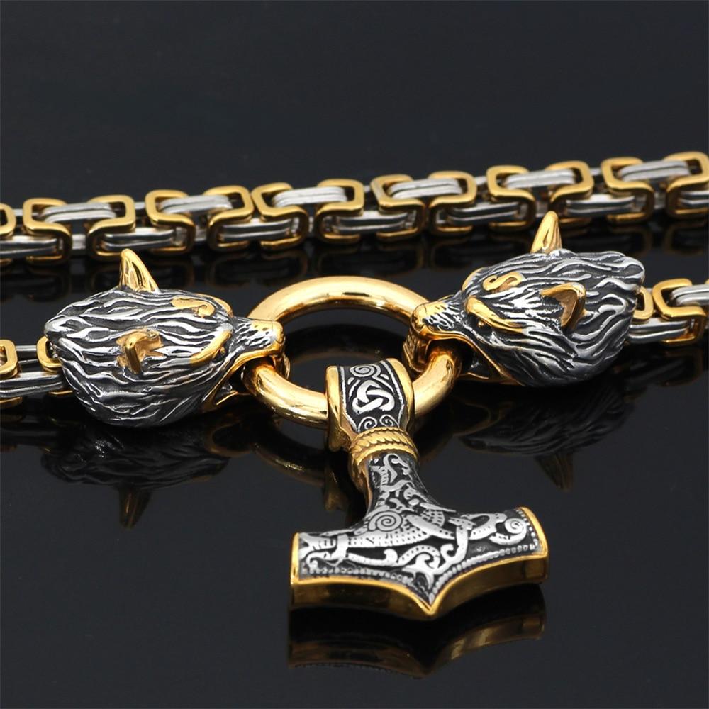 60–90 cm Stainless Steel Double Wolf Head & Mjolnir Survival Spirit Necklace/Bracelet