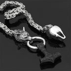 60–90 cm Stainless Steel Double Wolf Head & Mjolnir Survival Spirit Necklace/Bracelet