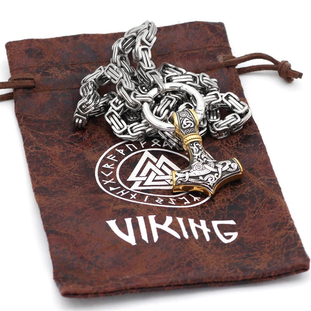 60–90 cm Stainless Steel Double Wolf Head & Mjolnir Survival Spirit Necklace/Bracelet