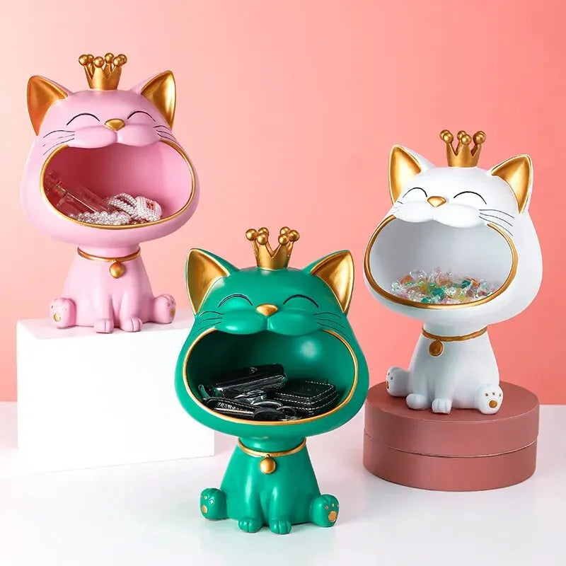 Laughing Lucky Cat Decoration, Bowl for Sweets and Jewelry, Modern Design