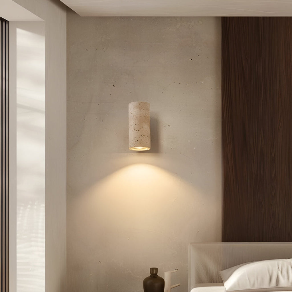 Travertine wall lamp in Japandi tube shape
