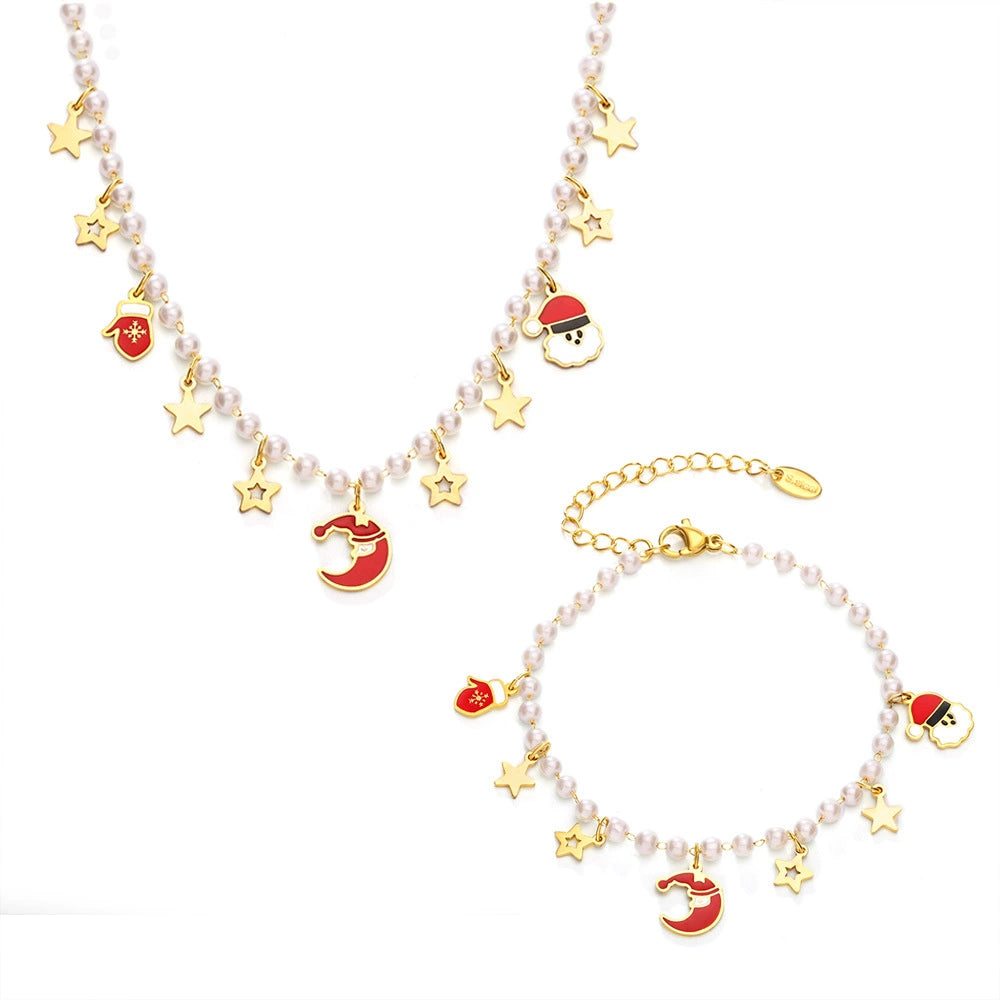 Cute Christmas Shell Pearl Necklace Bracelet Set