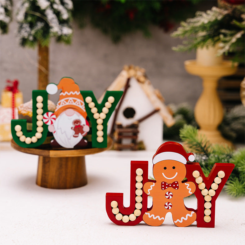 Wooden Gingerbread Gnome JOY Christmas Ornament