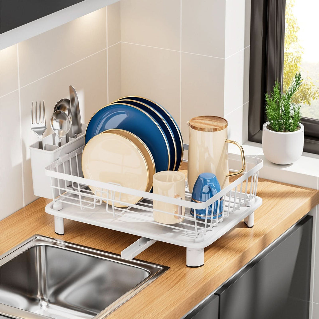 Dish Drying Rack with Built-In Drainage and Separate Cutlery Holder