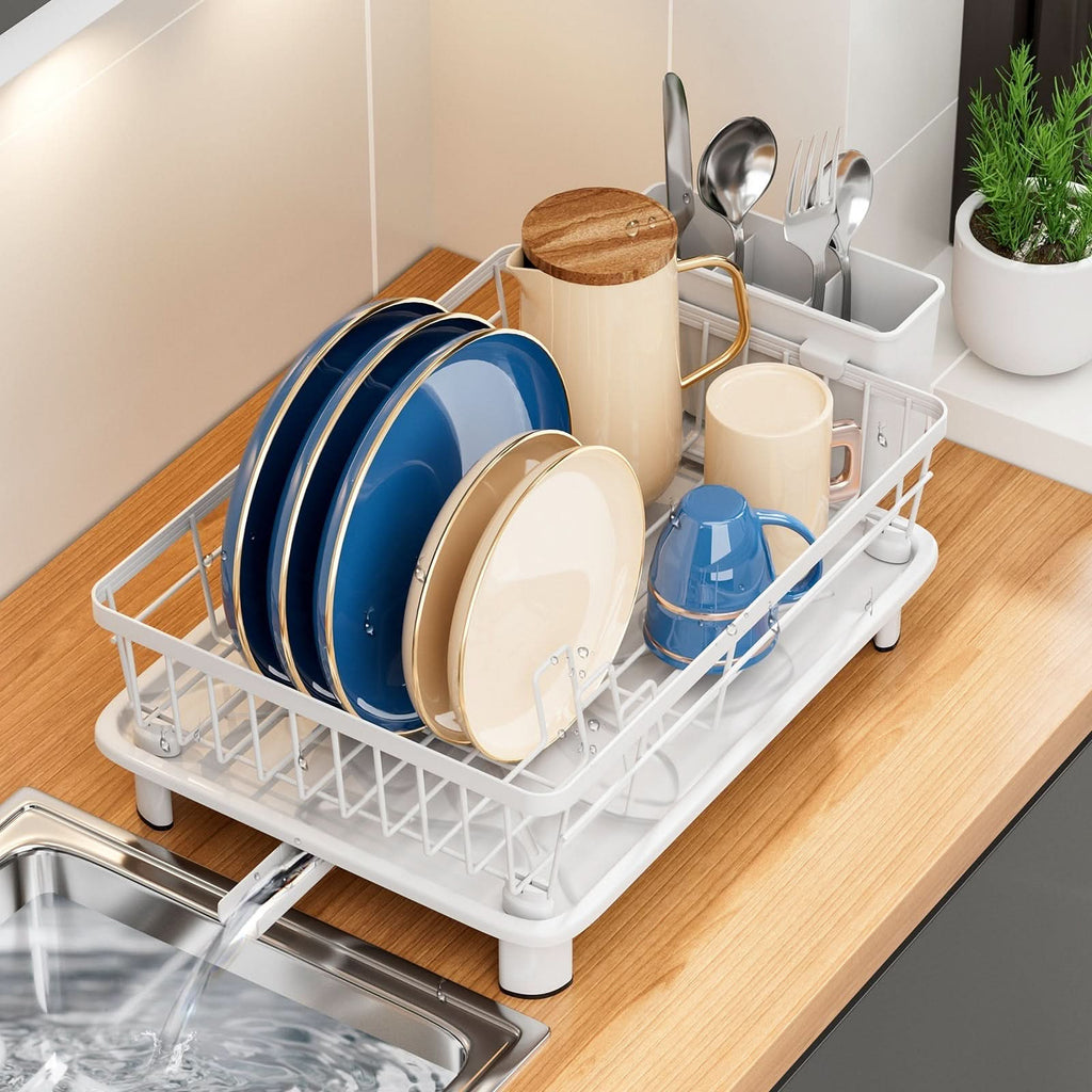 Dish Drying Rack with Built-In Drainage and Separate Cutlery Holder