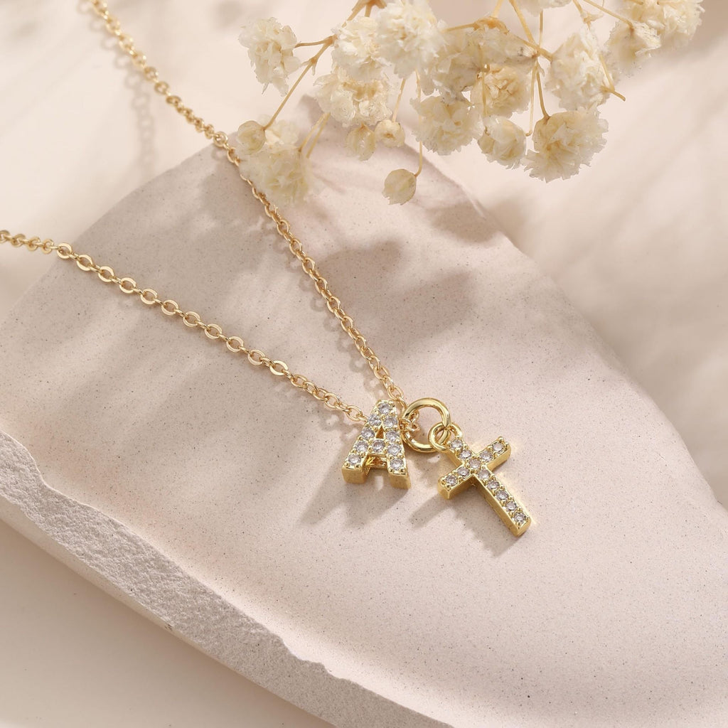 Dainty Diamond Initial & Cross Necklace