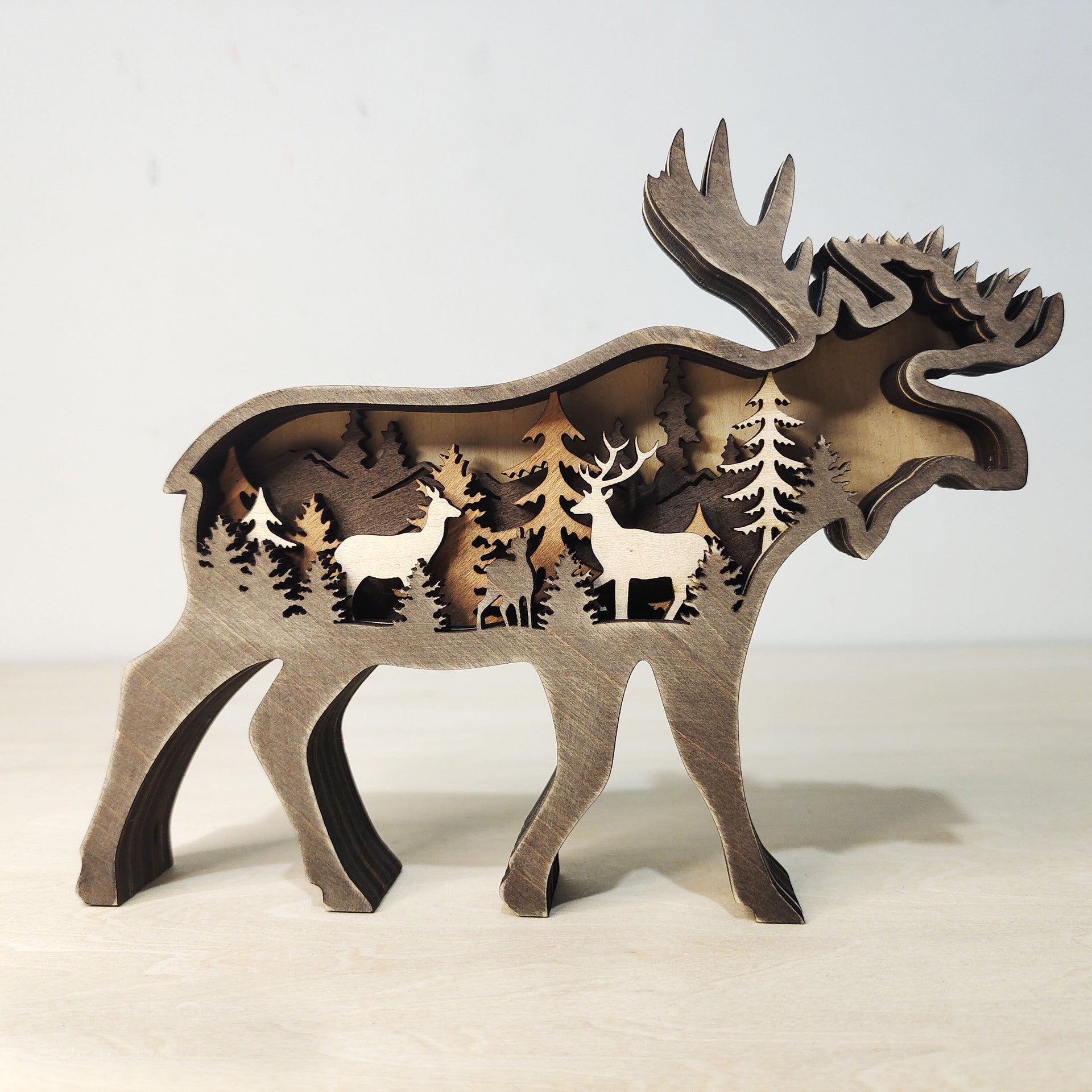 Wooden Woodland Elk Bear Christmas Ornament