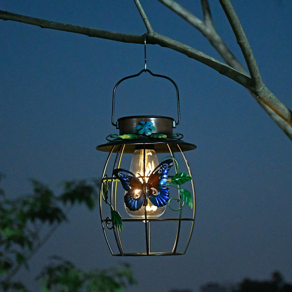 New Solar Creative Retro Lantern, Iron Butterfly Tungsten Wire Outdoor Villa Garden Hanging Light
