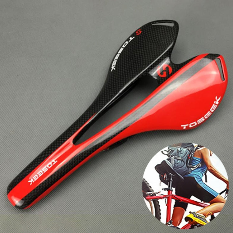 TOSEEK Road Bike Carbon Fiber Saddle Bicycle Hollow Saddle, 3K Texture + Lightweight (Red)