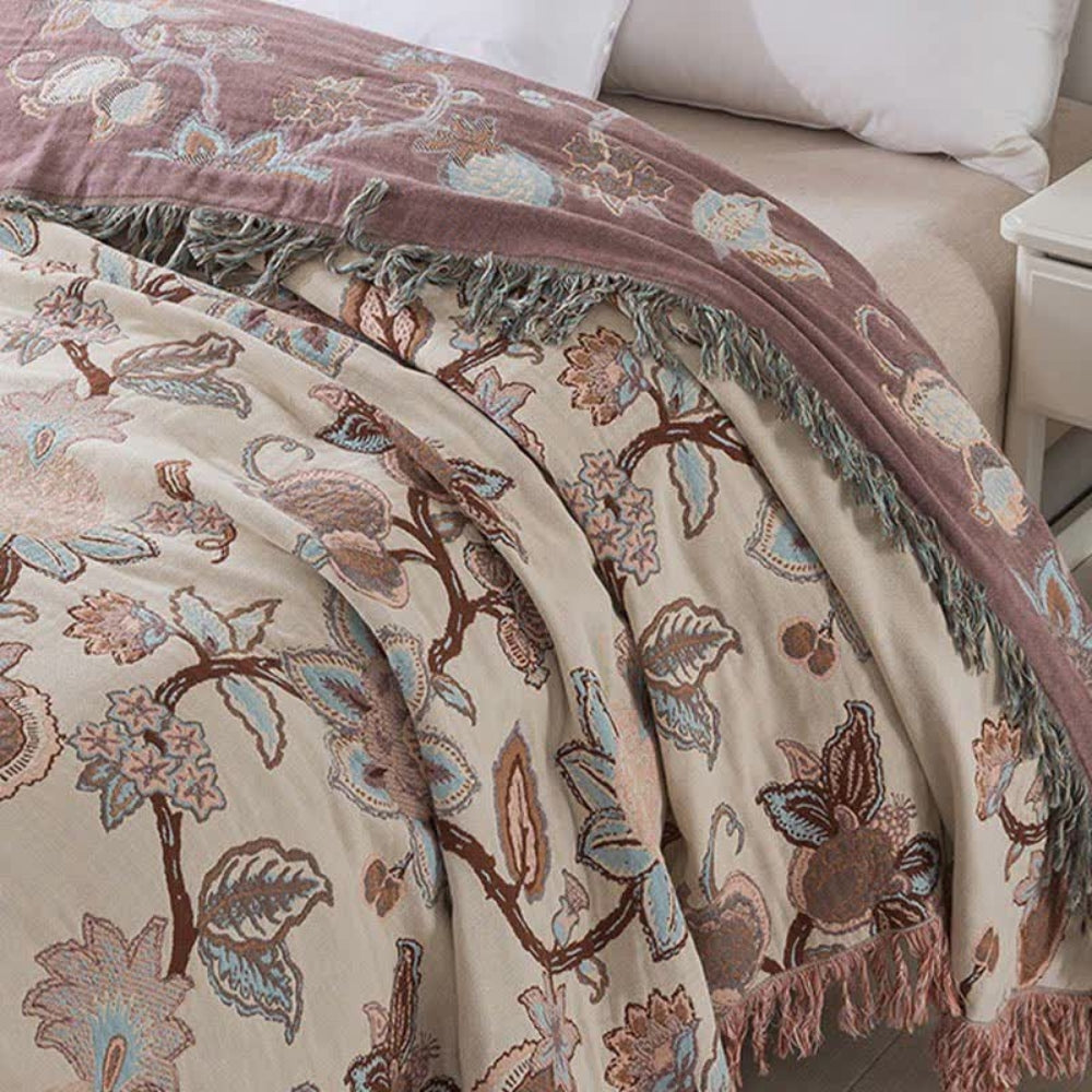 Orchid Trail Floral Cotton Tassel Bed Blanket