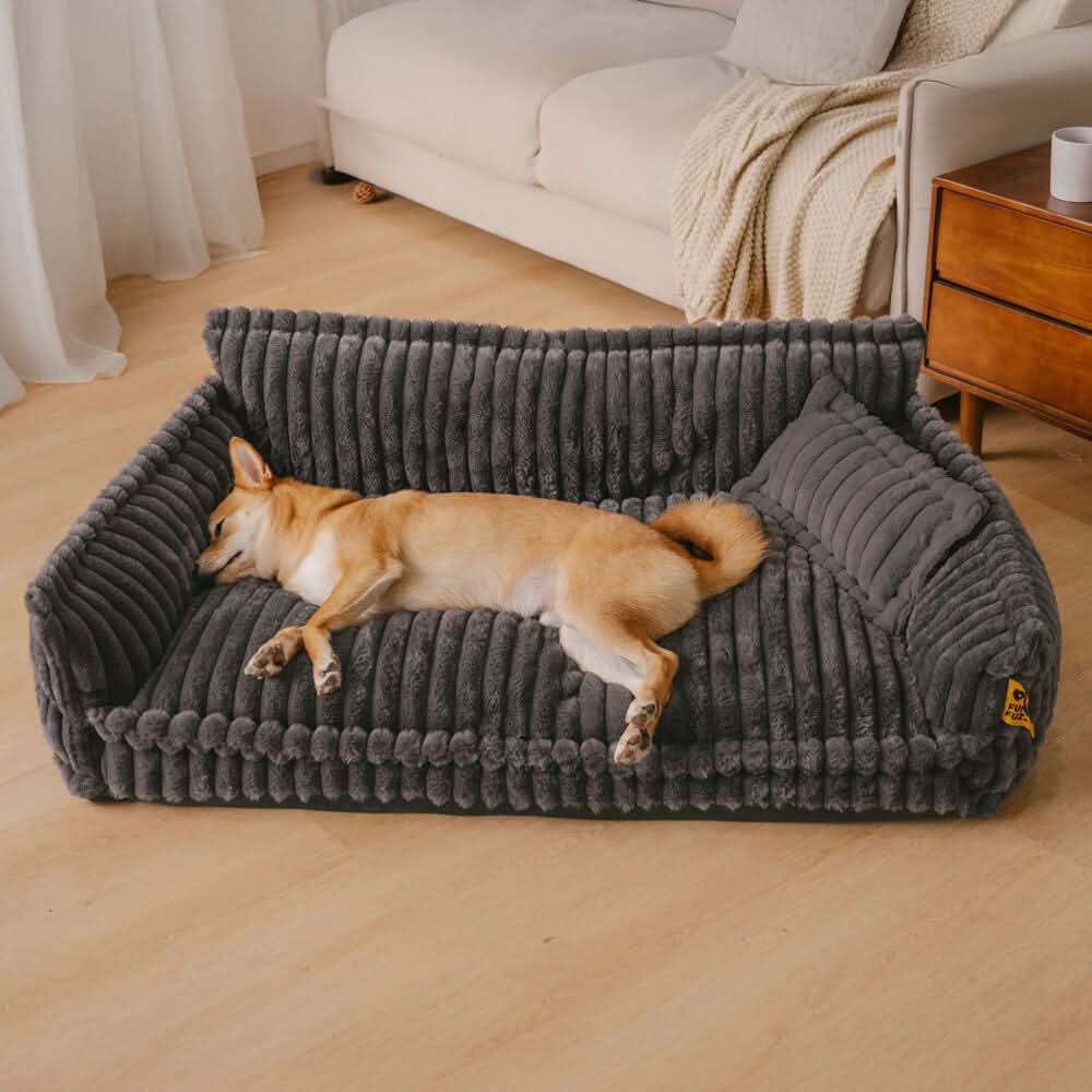 Joint-friendly dog cushion with headrest & plush cover