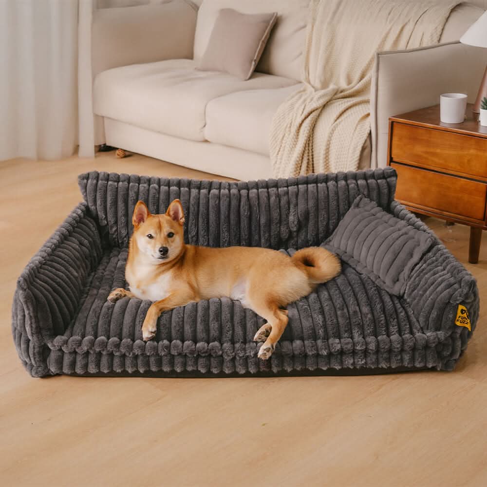 Joint-friendly dog cushion with headrest & plush cover
