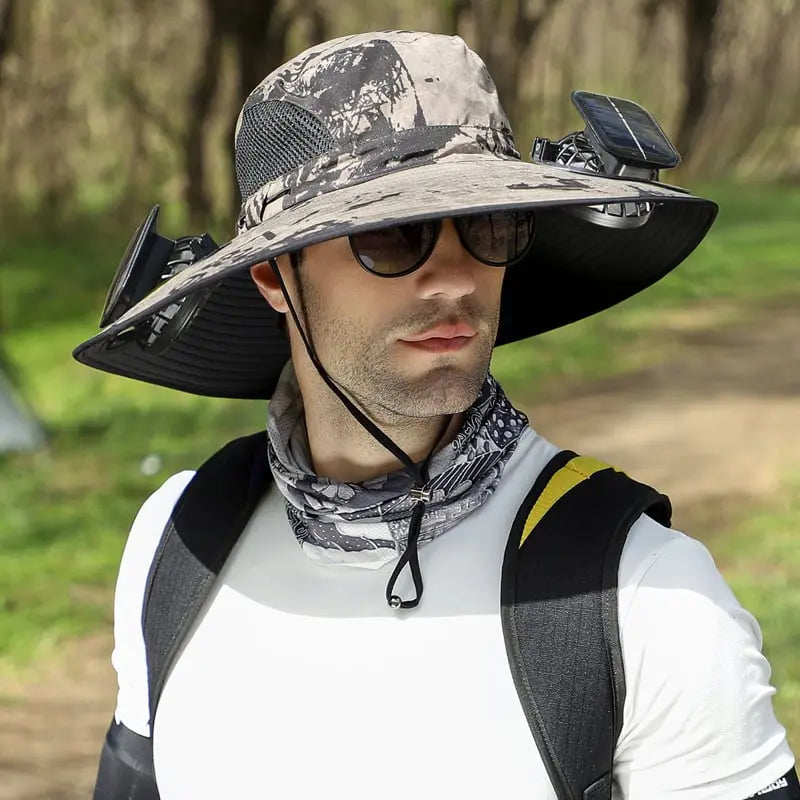Outdoor sun hat with solar fan and USB charging