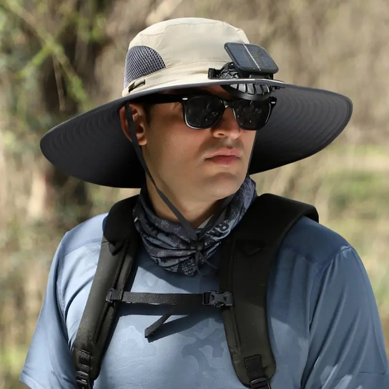 Outdoor sun hat with solar fan and USB charging