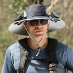 Outdoor sun hat with solar fan and USB charging