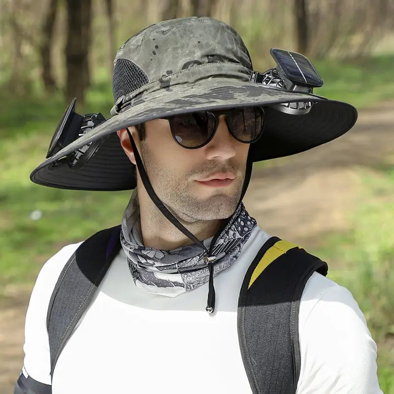 Outdoor sun hat with solar fan and USB charging