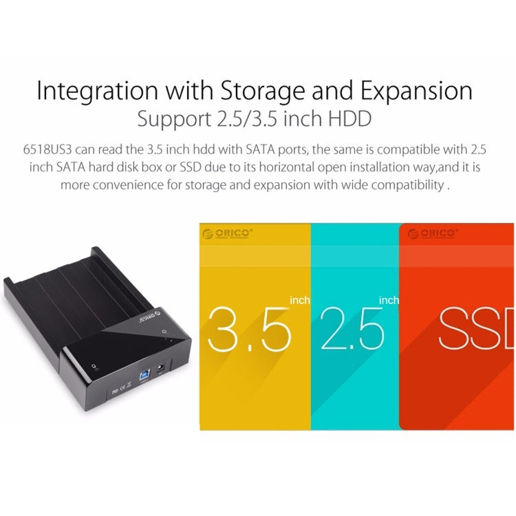 ORICO 6518US3 USB 3.0 Type-B 2.5 / 3.5 Inch Tool-less HDD Docking Station External Storage Enclosure Hard Drive Box (Black)