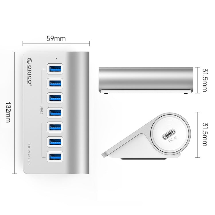 ORICO M3U7-G2 Aluminum Alloy 7-Port USB 3.2 Gen2 10Gbps HUB with 0.5 m Cable (Silver)