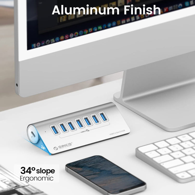 ORICO M3U7-G2 Aluminum Alloy 7-Port USB 3.2 Gen2 10Gbps HUB with 0.5 m Cable (Silver)