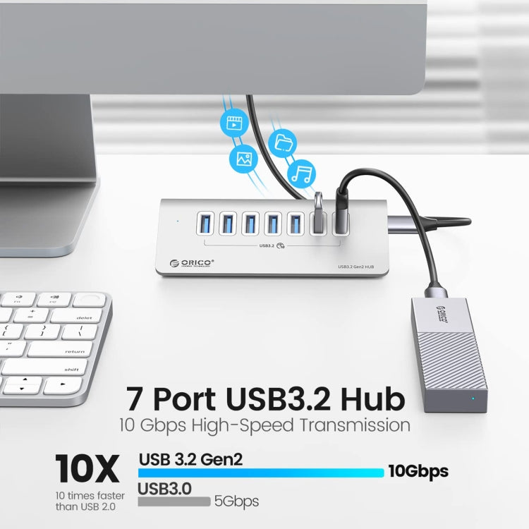 ORICO M3U7-G2 Aluminum Alloy 7-Port USB 3.2 Gen2 10Gbps HUB with 0.5 m Cable (Silver)