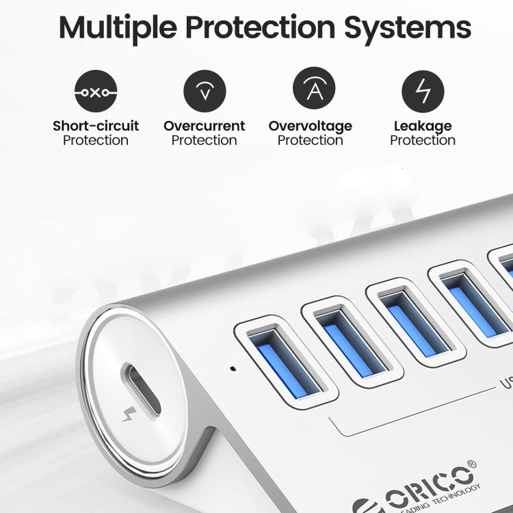 ORICO M3U7-G2 Aluminum Alloy 7-Port USB 3.2 Gen2 10Gbps HUB with 0.5 m Cable (Silver)