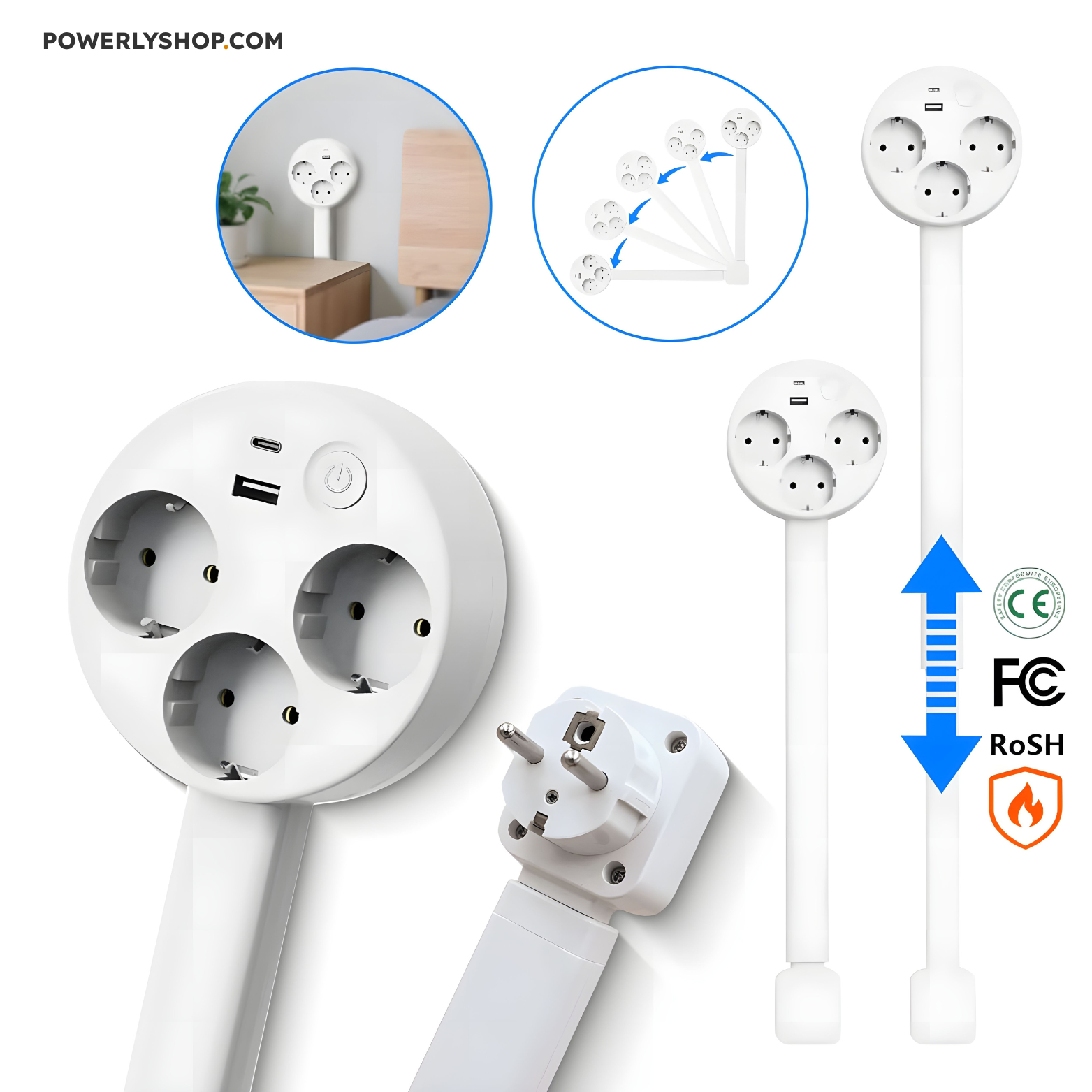 Smart Extendable Socket with USB | 3 Sockets + Extendable Arm + 180° Swivel Arm