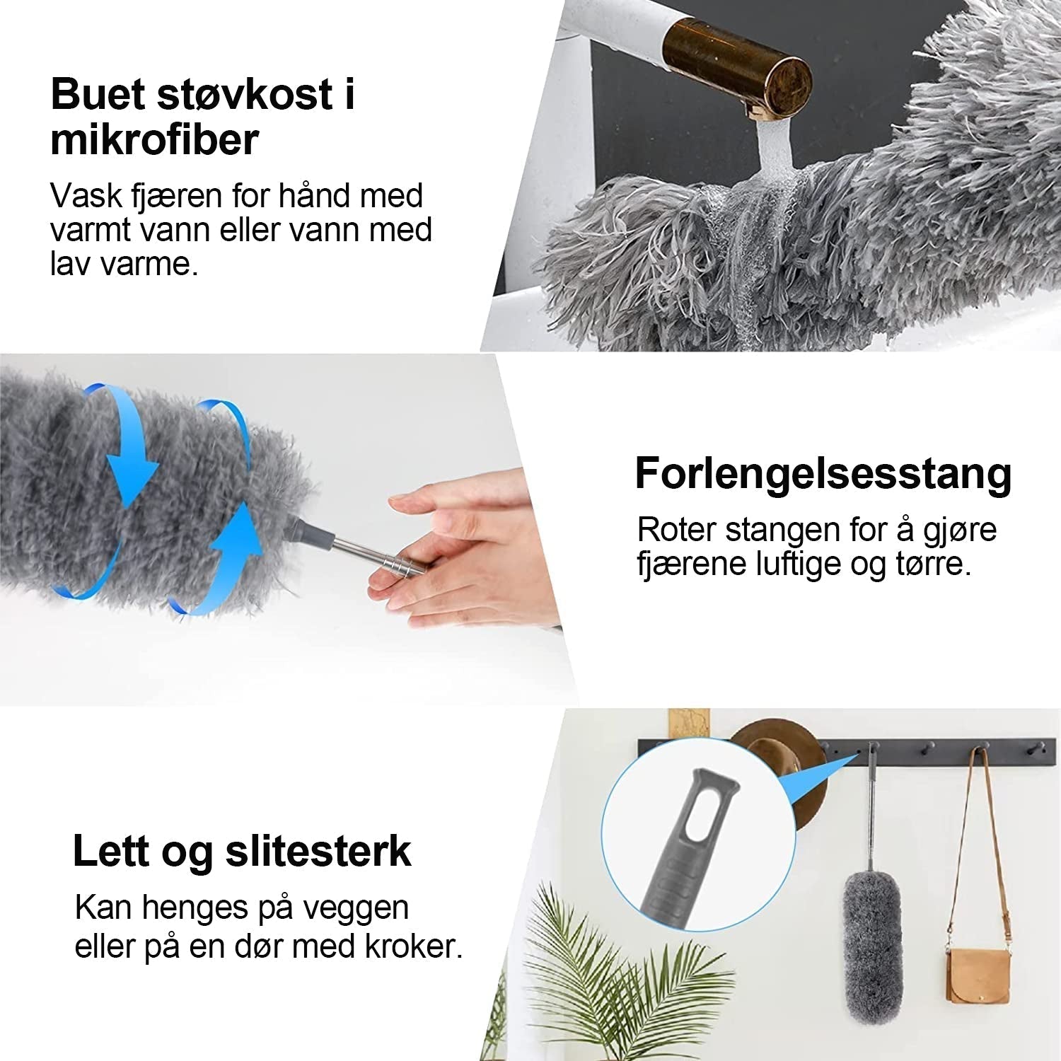 Retractable and washable, curved dust brush in microfiber