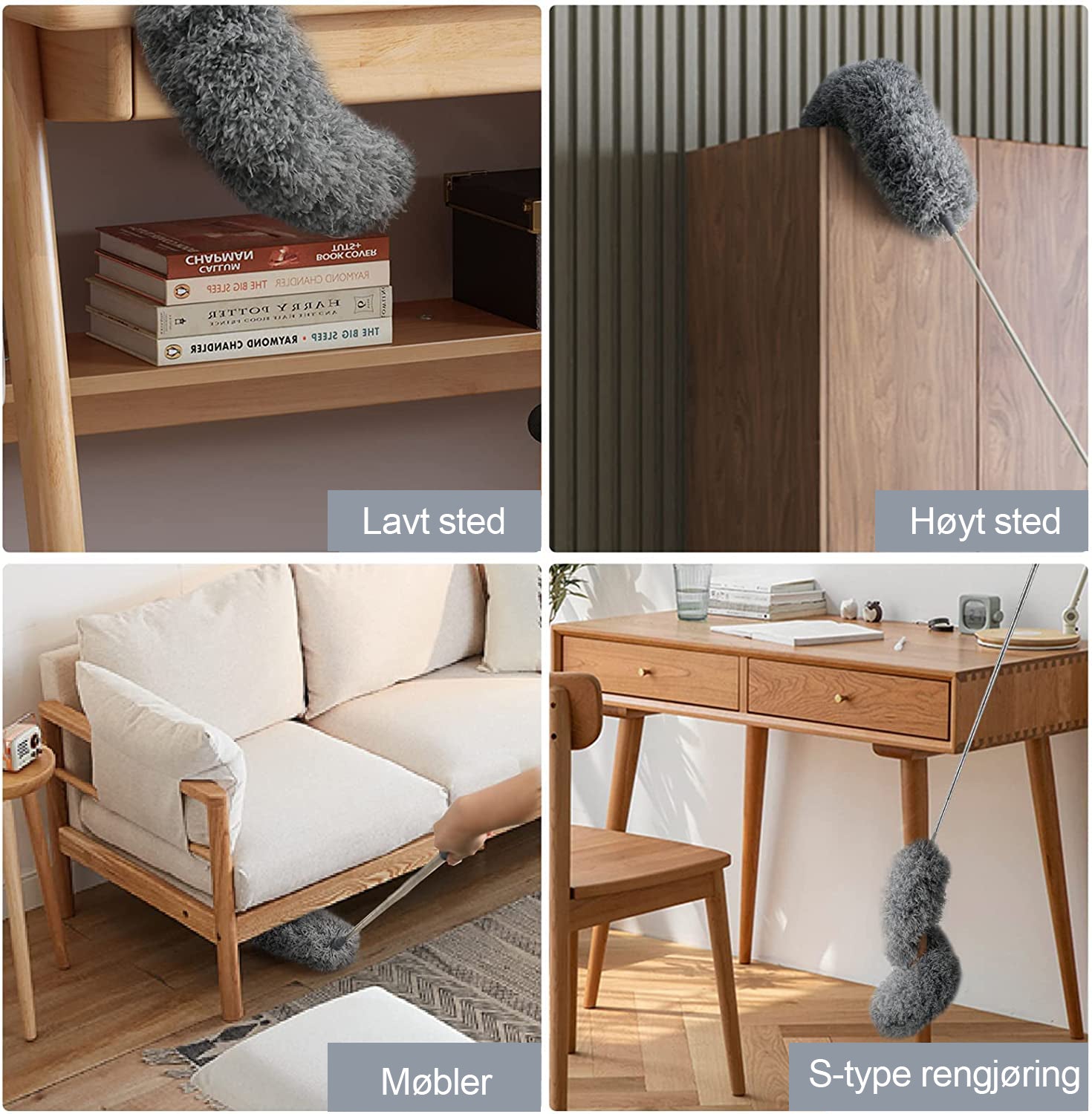 Retractable and washable, curved dust brush in microfiber