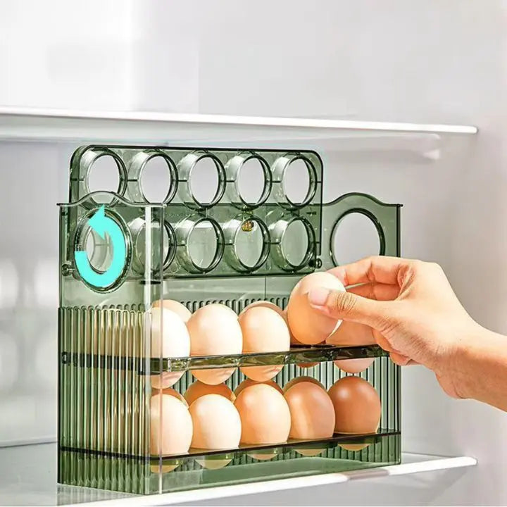 Space-saving egg container with flip lid and freshness indicator