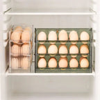 Space-saving egg container with flip lid and freshness indicator