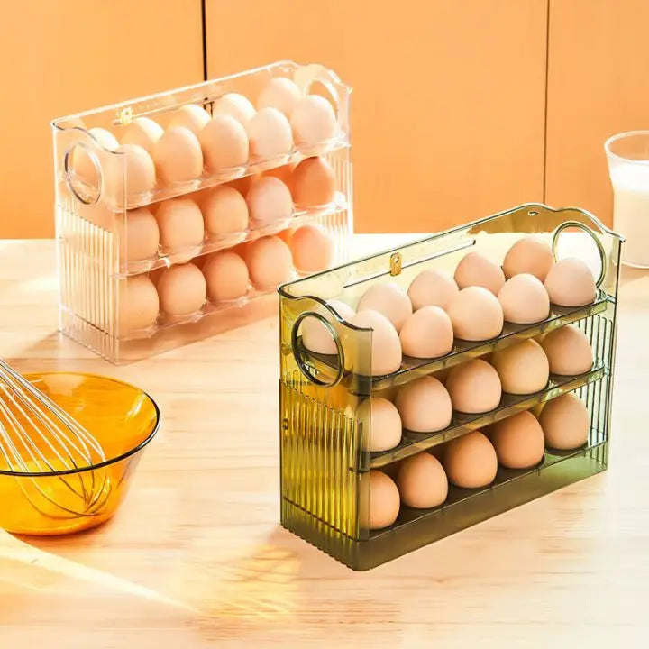 Space-saving egg container with flip lid and freshness indicator