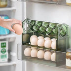 Space-saving egg container with flip lid and freshness indicator