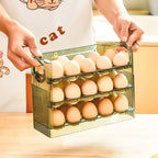 Space-saving egg container with flip lid and freshness indicator