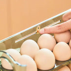 Space-saving egg container with flip lid and freshness indicator