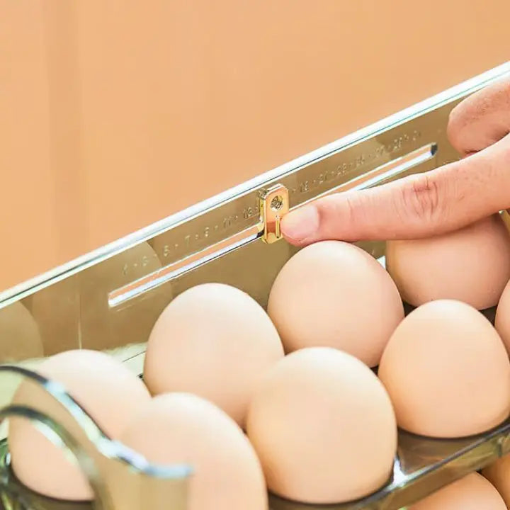 Space-saving egg container with flip lid and freshness indicator