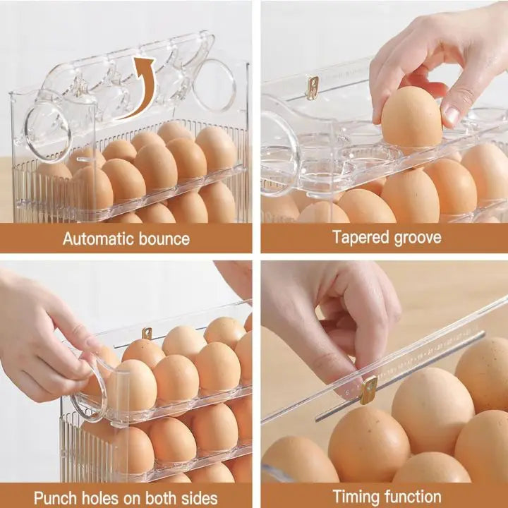 Space-saving egg container with flip lid and freshness indicator