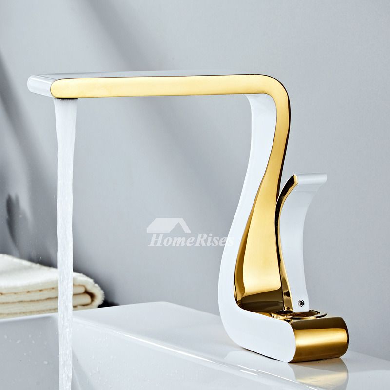 Polished Gold Bathroom Sink Faucets Single Handle Luxury Brass White Modern One Hole