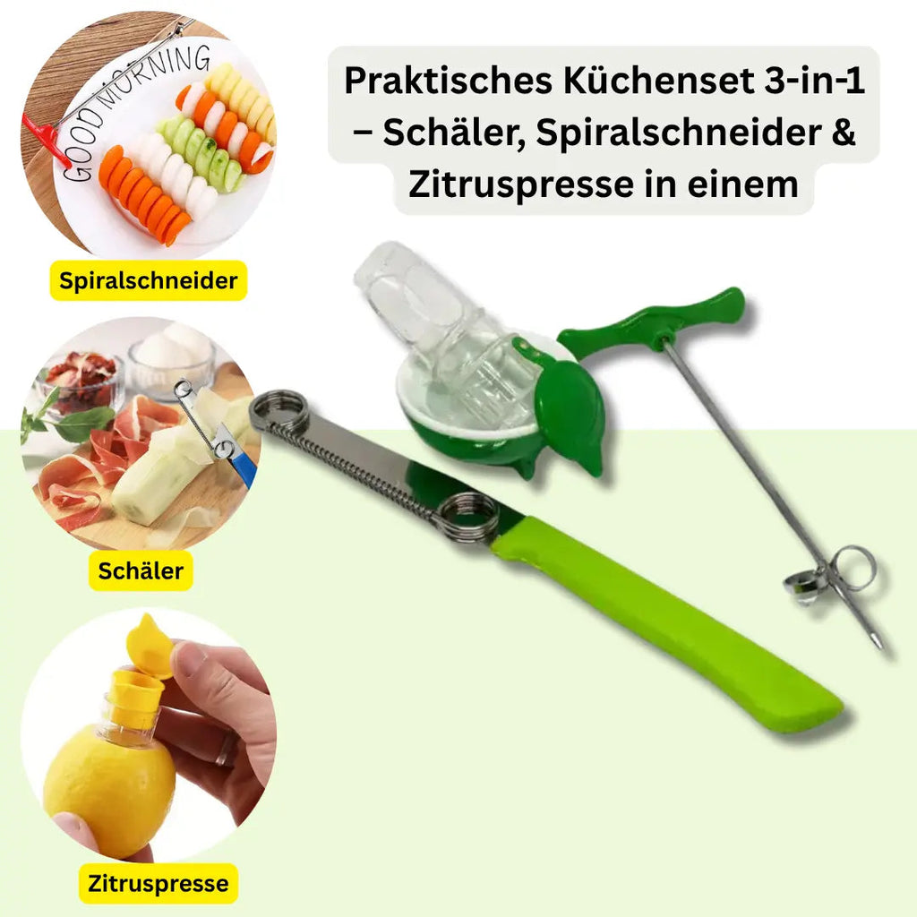 Practical Kitchen Set 3-in-1 – Peeler, Spiral Cutter & Citrus Juicer in one