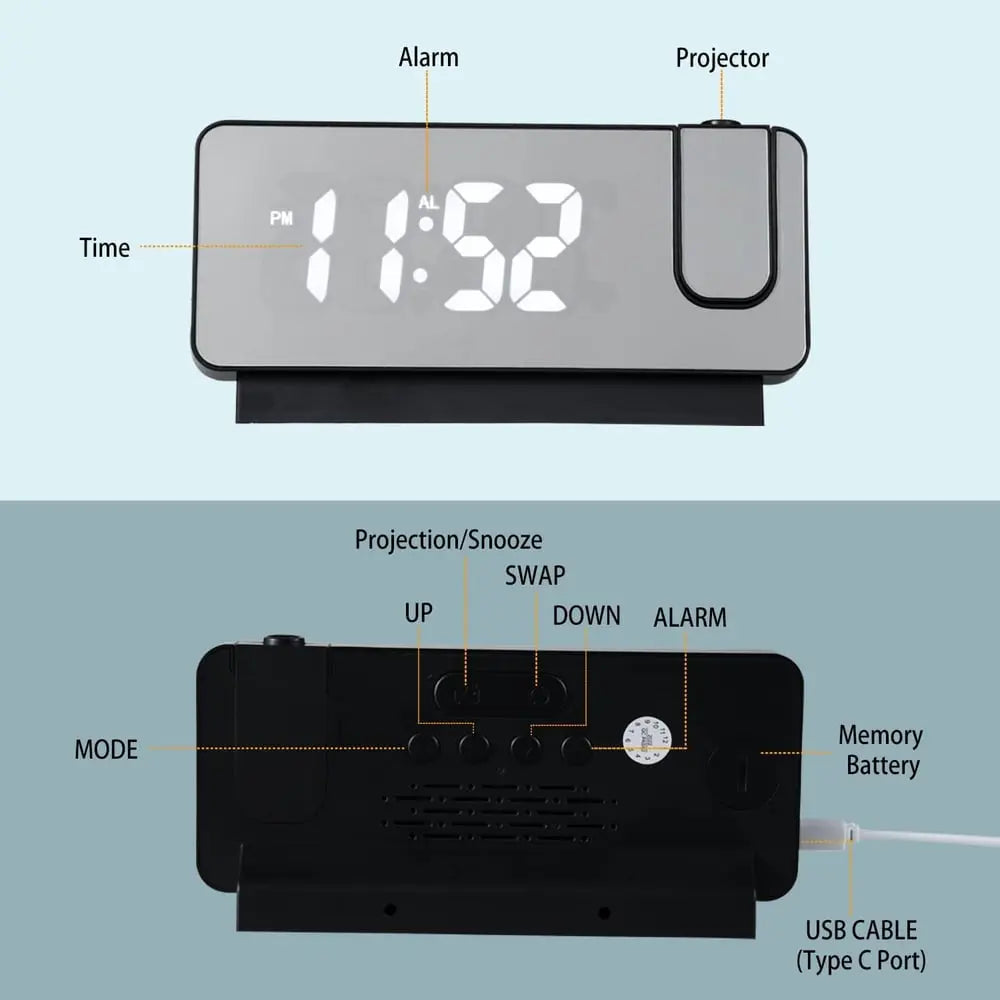 Projection alarm clock with mirror display and large LED screen