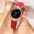 Red Frameless Diamond Cutting Wristwatch Genuine Leather Watch