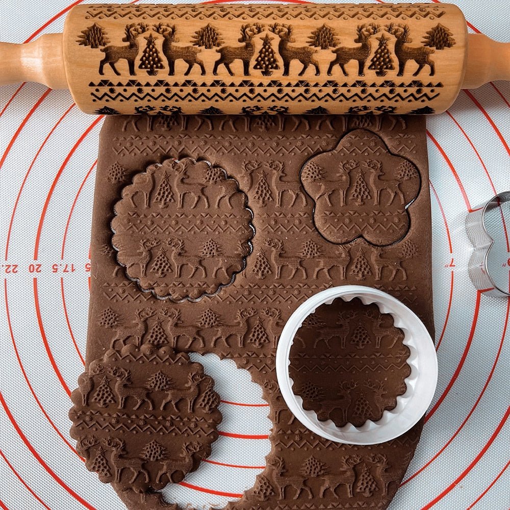 Handmade rolling pin with decorative Christmas embossing