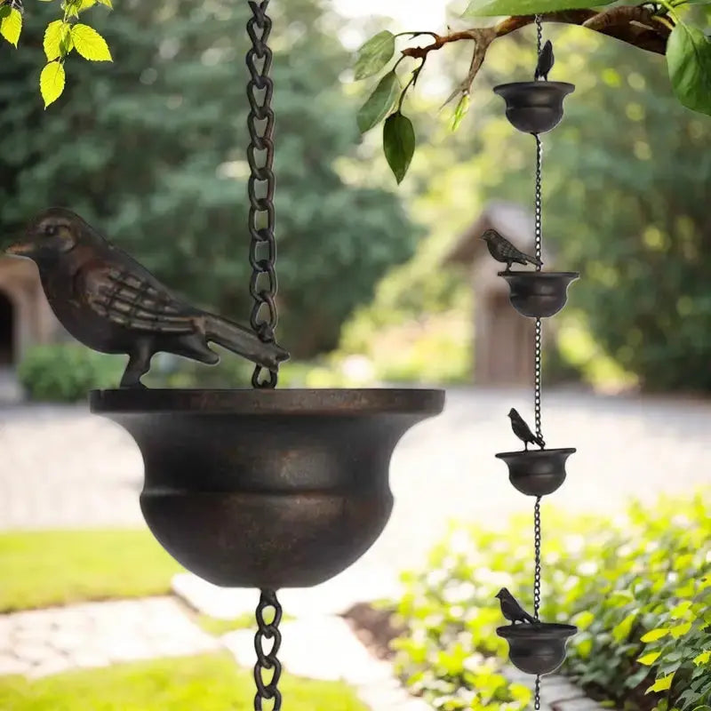 Rain chain with bird bath – Attracts birds & makes rainy days beautiful
