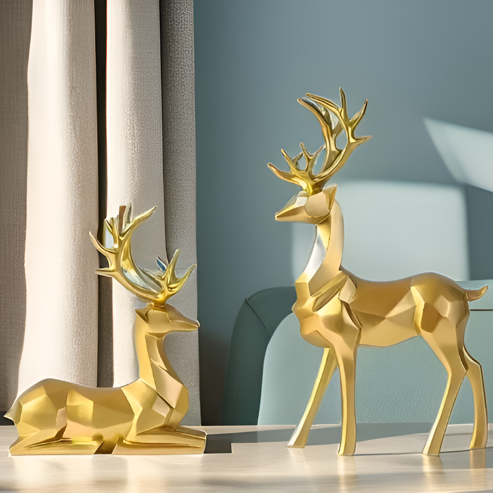 Geometric Reindeer Figurine Set – Modern 2-piece Resin Decoration